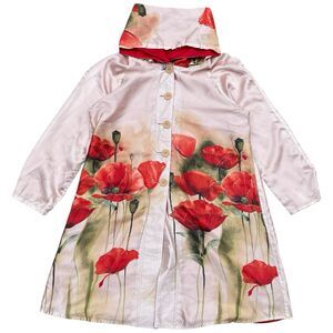 Artsy Floral Reversible Poppy Jacket Satin Lightweight Oversized Hood XL